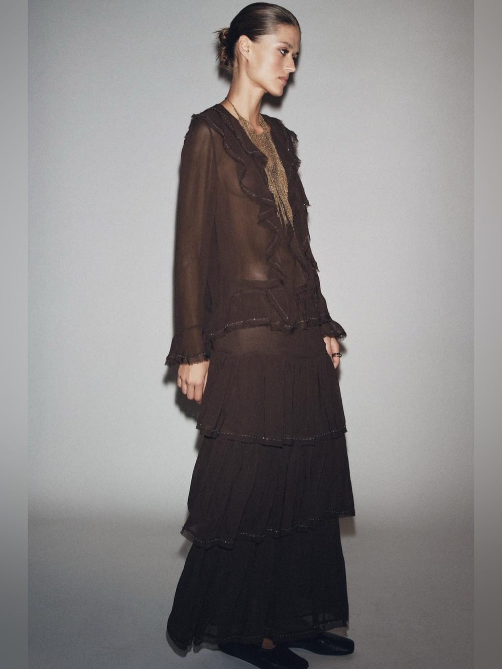 Zara NWT ZW Collection Brown Romantic Victorian Beaded Ruffle Blouse (Size XS) - Picture 6 of 10